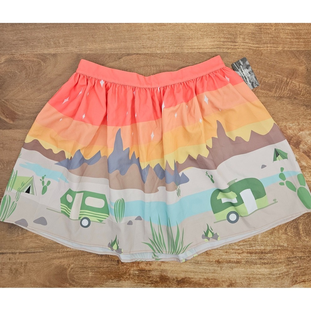 Steady Clothing Gathered Skirt Women's 2X Retro Desert Sunset Camper Cactus